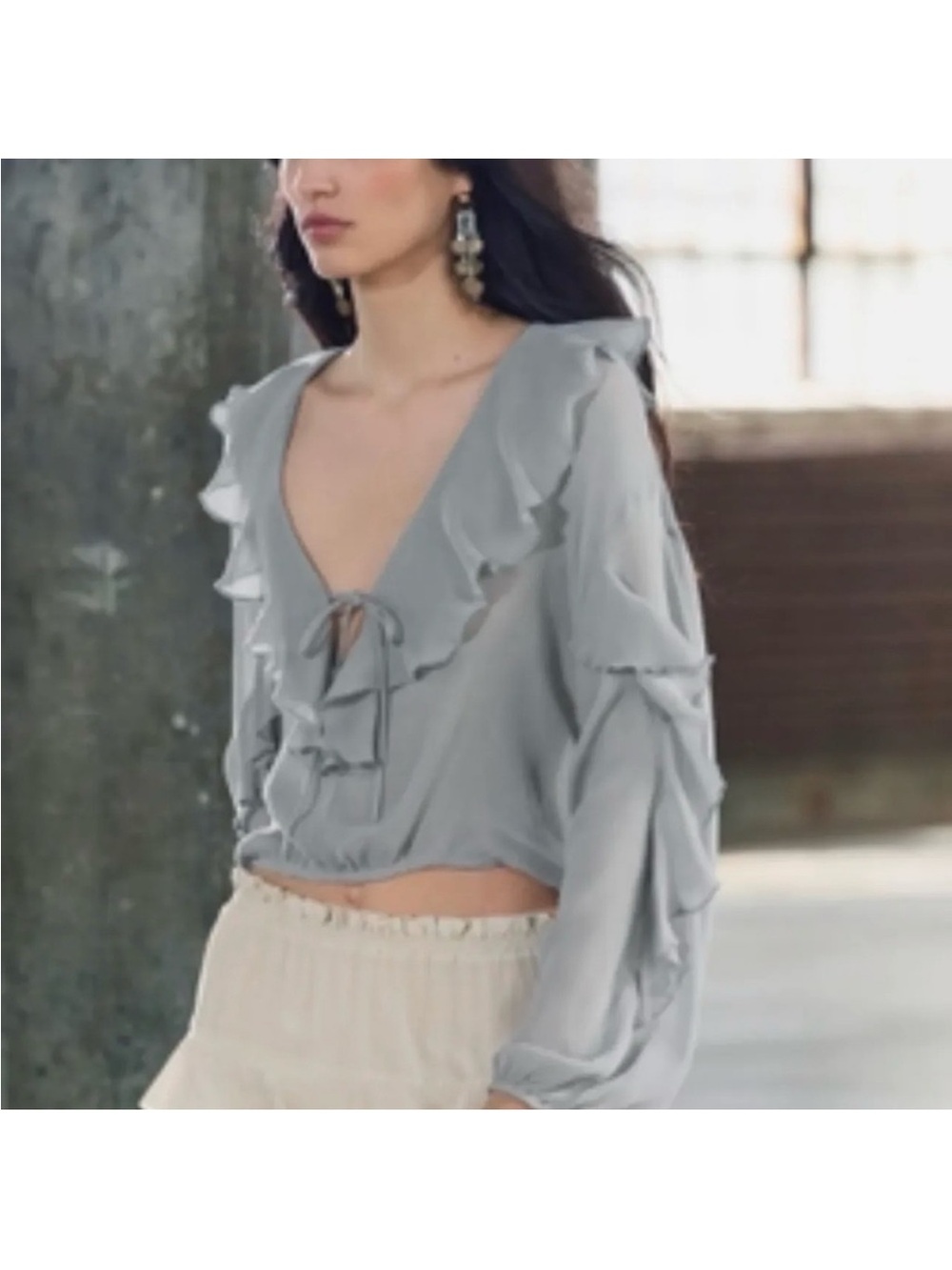 Zara Light Gray Ruffle V-Neck Blouse Sheer
